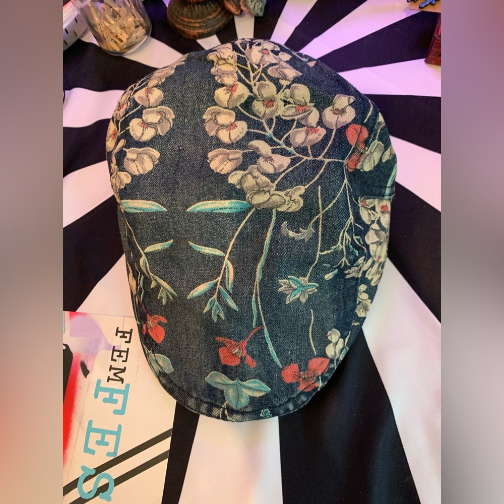 Floral Flat Cap Adjustable Denim Newsboy Hat - Picture 2 of 7